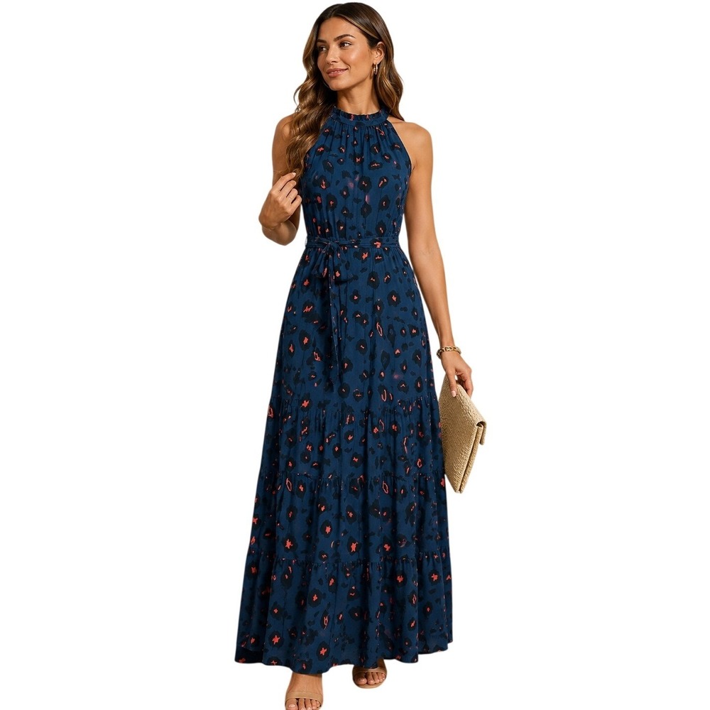 PrettyGarden Halter Tie Neck Maxi Dress M teal Coral Leopard Print Tiered Boho